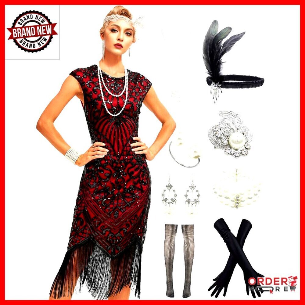 Flapper Dress with Cap Sleeves Sequin Beaded Fringe 1920s Gatsby Party